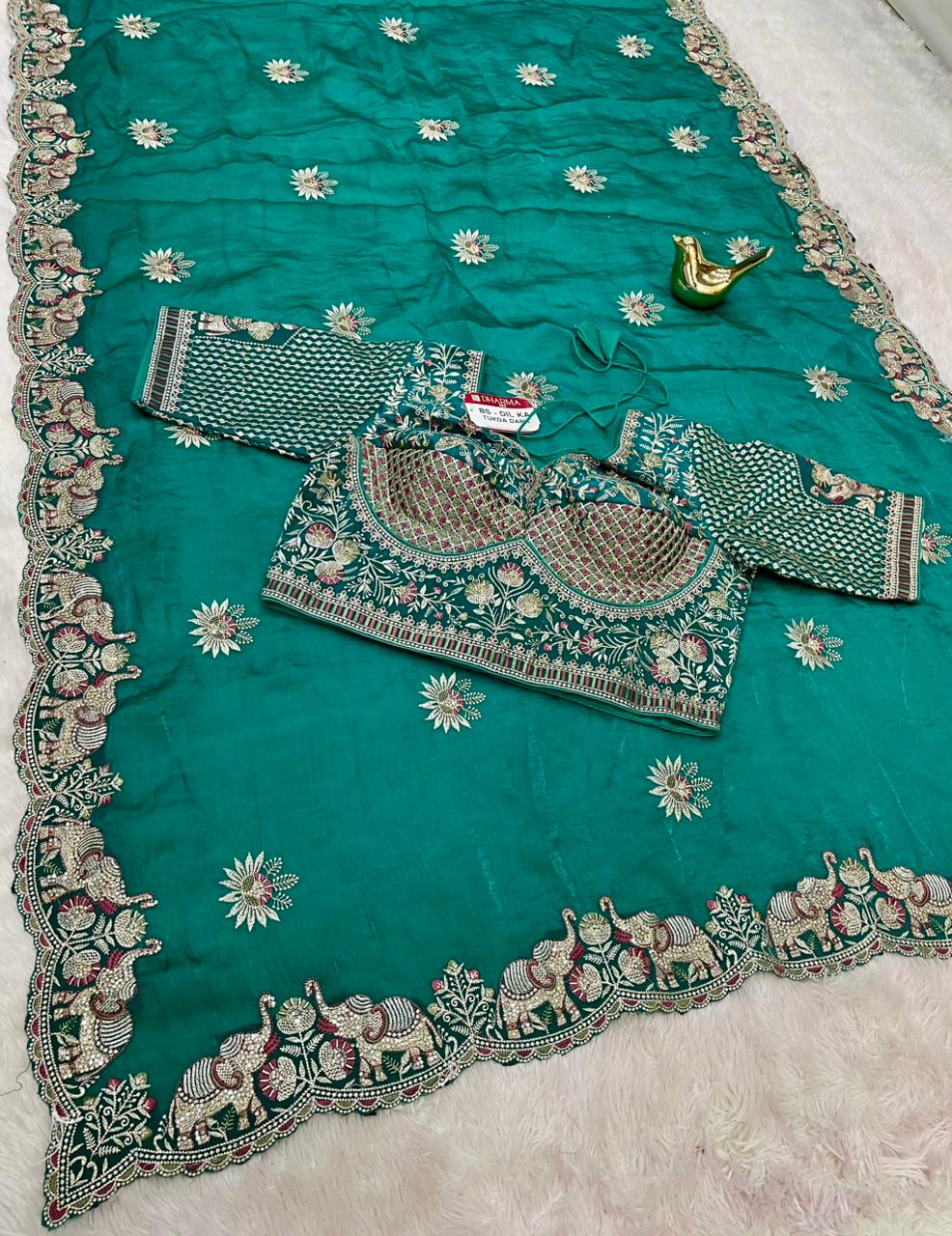 BS-DIL KA TUKDA-DARK FENDI SATIN FABRIC SAREE WITH HEAVY EMBROIDERY WORK AND THREAD WORK WITH BEAUTIFUL ELEPHANT AND FLOWER DESIGN WITHHEAVY JARKAN WORK WITH HEAVY STICHED  BLOUSE AND GIRLISH MODERN LOOK SAREE