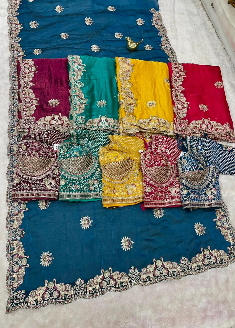 BS-DIL KA TUKDA-DARK FENDI SATIN FABRIC SAREE WITH HEAVY EMBROIDERY WORK AND THREAD WORK WITH BEAUTIFUL ELEPHANT AND FLOWER DESIGN WITHHEAVY JARKAN WORK WITH HEAVY STICHED  BLOUSE AND GIRLISH MODERN LOOK SAREE