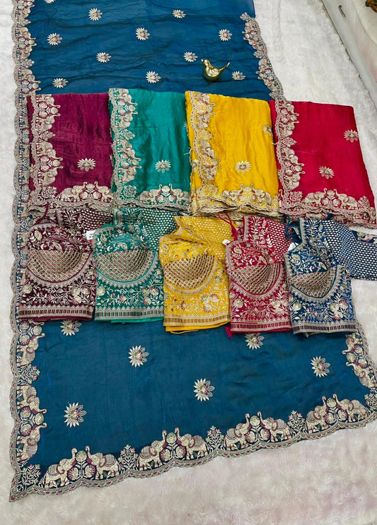 BS-DIL KA TUKDA-DARK FENDI SATIN FABRIC SAREE WITH HEAVY EMBROIDERY WORK AND THREAD WORK WITH BEAUTIFUL ELEPHANT AND FLOWER DESIGN WITHHEAVY JARKAN WORK WITH HEAVY STICHED  BLOUSE AND GIRLISH MODERN LOOK SAREE