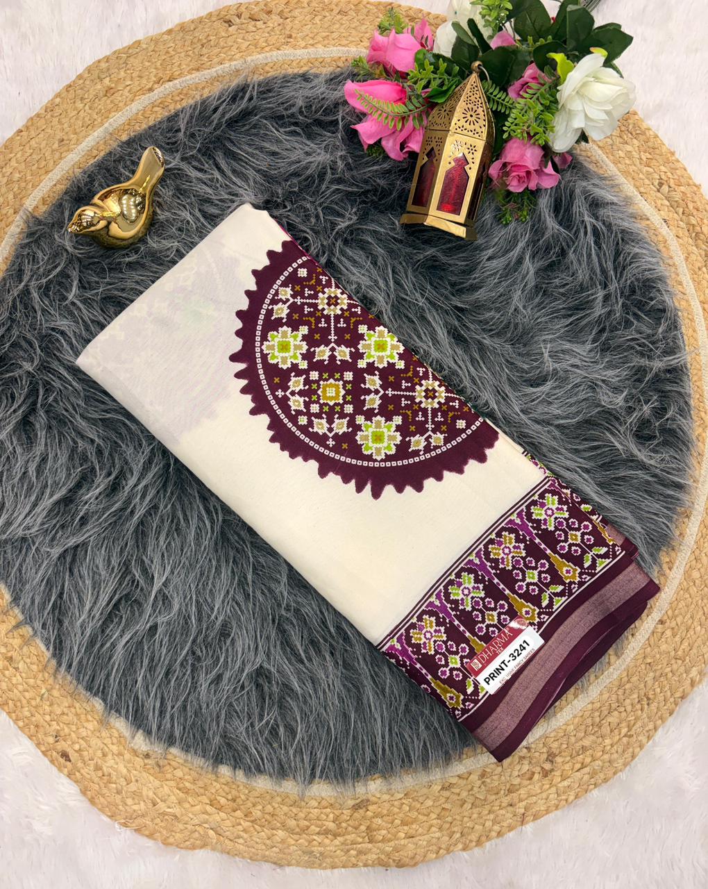 PRINT-3241 MAL COTTON FABRIC SAREE WITH VIRAL BANDHANI DESIGN ON INTERNET WITH WHITE COMMON WITH 6.30 MTR CUT WITH BUTTI BLOUSE