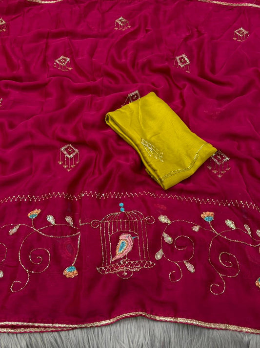 NN-2163 MOSS CHIFFON FABRIC SAREE WITH BEAUTIFUL HANDWORK SAREE WITH HEAVY BORDER ON IT AND CONTRAST HANDWORK BLOUSE