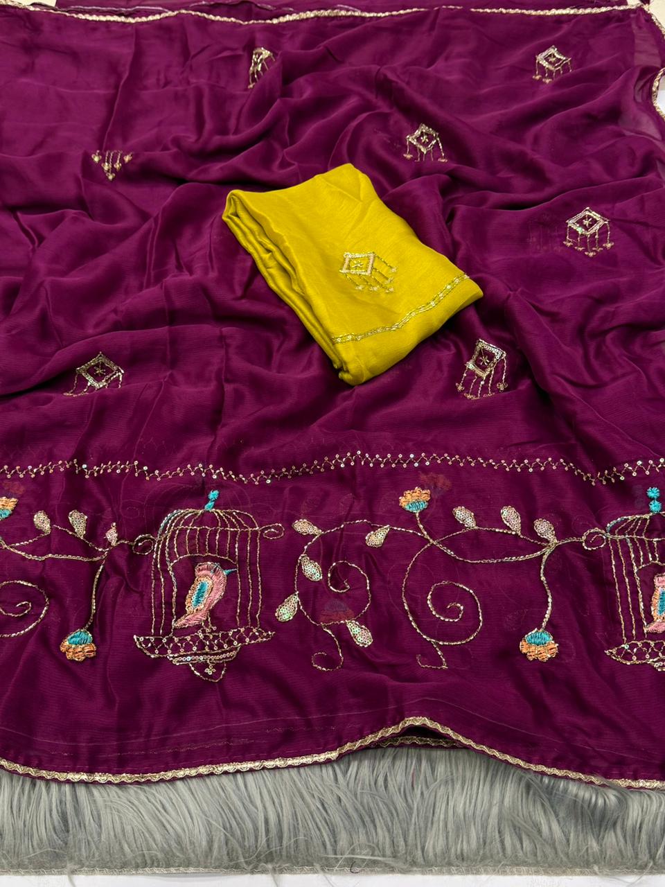 NN-2163 MOSS CHIFFON FABRIC SAREE WITH BEAUTIFUL HANDWORK SAREE WITH HEAVY BORDER ON IT AND CONTRAST HANDWORK BLOUSE