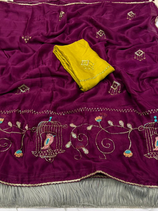NN-2163 MOSS CHIFFON FABRIC SAREE WITH BEAUTIFUL HANDWORK SAREE WITH HEAVY BORDER ON IT AND CONTRAST HANDWORK BLOUSE