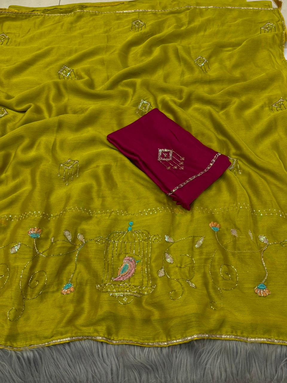 NN-2163 MOSS CHIFFON FABRIC SAREE WITH BEAUTIFUL HANDWORK SAREE WITH HEAVY BORDER ON IT AND CONTRAST HANDWORK BLOUSE