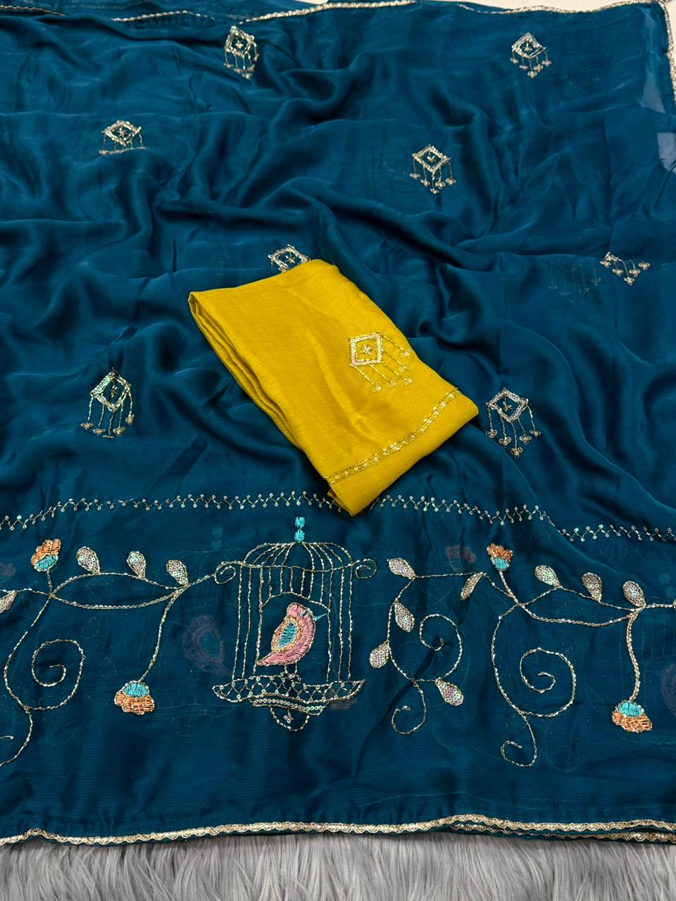 NN-2163 MOSS CHIFFON FABRIC SAREE WITH BEAUTIFUL HANDWORK SAREE WITH HEAVY BORDER ON IT AND CONTRAST HANDWORK BLOUSE