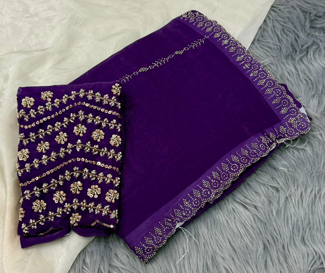 NN-2162 FENDI FABRIC SAREE WITH HEAVY SIROSKI WORK ON BORDER AND SAREE WITH CUTWORK WITH EMBROIDERY AND HANDWORK BLOUSE