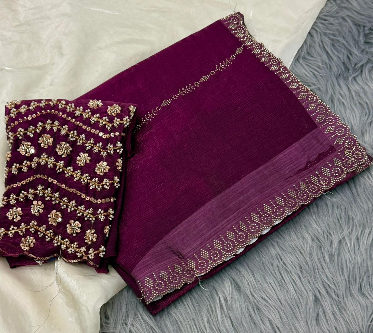 NN-2162 FENDI FABRIC SAREE WITH HEAVY SIROSKI WORK ON BORDER AND SAREE WITH CUTWORK WITH EMBROIDERY AND HANDWORK BLOUSE