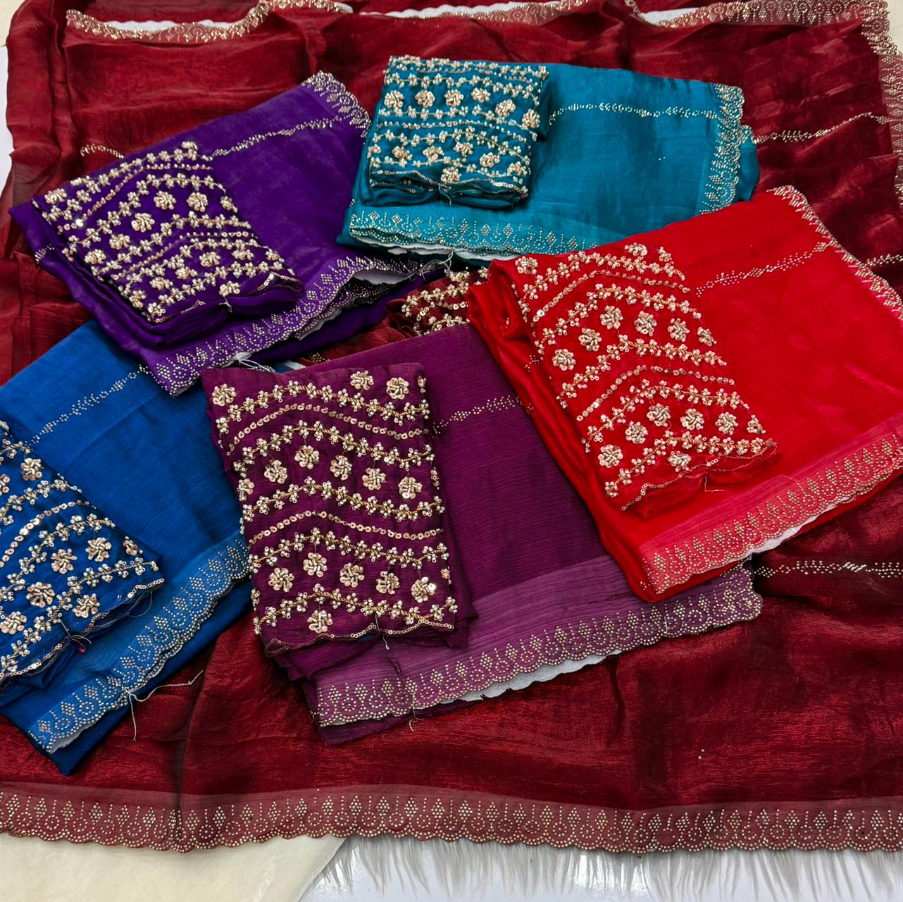 NN-2162 FENDI FABRIC SAREE WITH HEAVY SIROSKI WORK ON BORDER AND SAREE WITH CUTWORK WITH EMBROIDERY AND HANDWORK BLOUSE