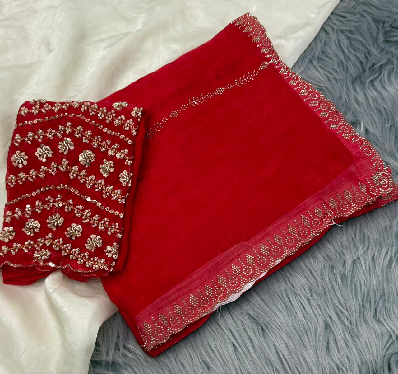 NN-2162 FENDI FABRIC SAREE WITH HEAVY SIROSKI WORK ON BORDER AND SAREE WITH CUTWORK WITH EMBROIDERY AND HANDWORK BLOUSE