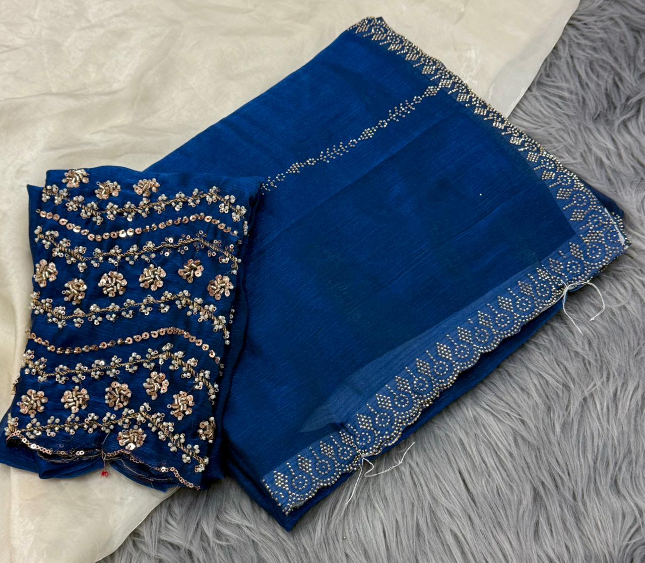 NN-2162 FENDI FABRIC SAREE WITH HEAVY SIROSKI WORK ON BORDER AND SAREE WITH CUTWORK WITH EMBROIDERY AND HANDWORK BLOUSE