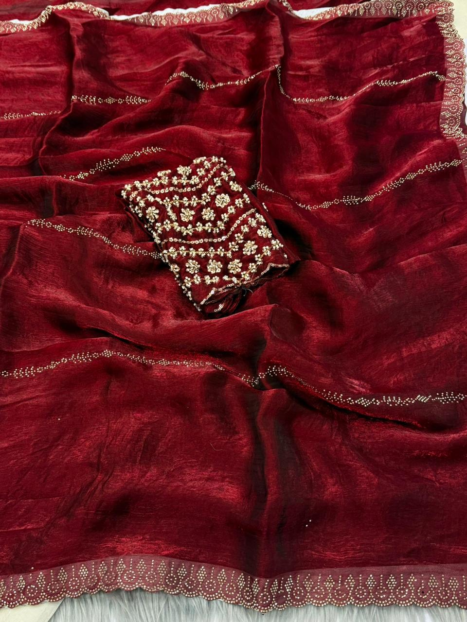 NN-2162 FENDI FABRIC SAREE WITH HEAVY SIROSKI WORK ON BORDER AND SAREE WITH CUTWORK WITH EMBROIDERY AND HANDWORK BLOUSE