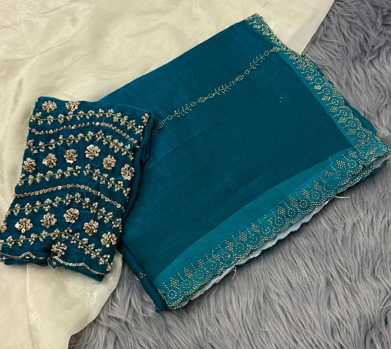 NN-2162 FENDI FABRIC SAREE WITH HEAVY SIROSKI WORK ON BORDER AND SAREE WITH CUTWORK WITH EMBROIDERY AND HANDWORK BLOUSE