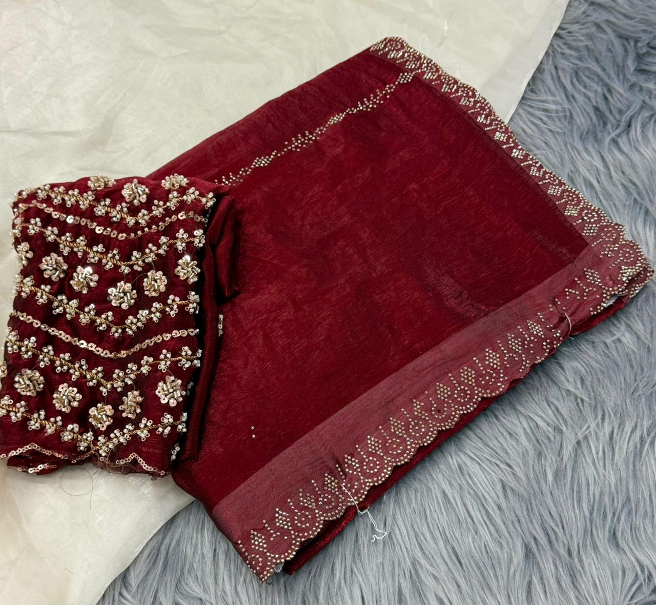 NN-2162 FENDI FABRIC SAREE WITH HEAVY SIROSKI WORK ON BORDER AND SAREE WITH CUTWORK WITH EMBROIDERY AND HANDWORK BLOUSE