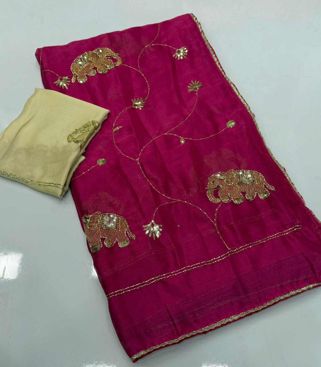 NN-2161 STAR GEORGETTE FABRIC SAREE WITH HANDWORK WITH AND SEQUENCE WORK WITH CUTWORK AND BEAUTIFUL GAJRAJ DESIGN WITH CONTRAST BLOUSE