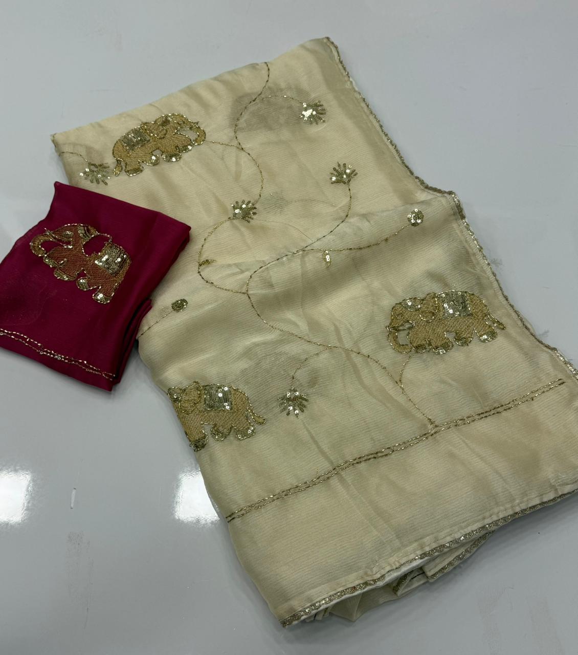 NN-2161 STAR GEORGETTE FABRIC SAREE WITH HANDWORK WITH AND SEQUENCE WORK WITH CUTWORK AND BEAUTIFUL GAJRAJ DESIGN WITH CONTRAST BLOUSE