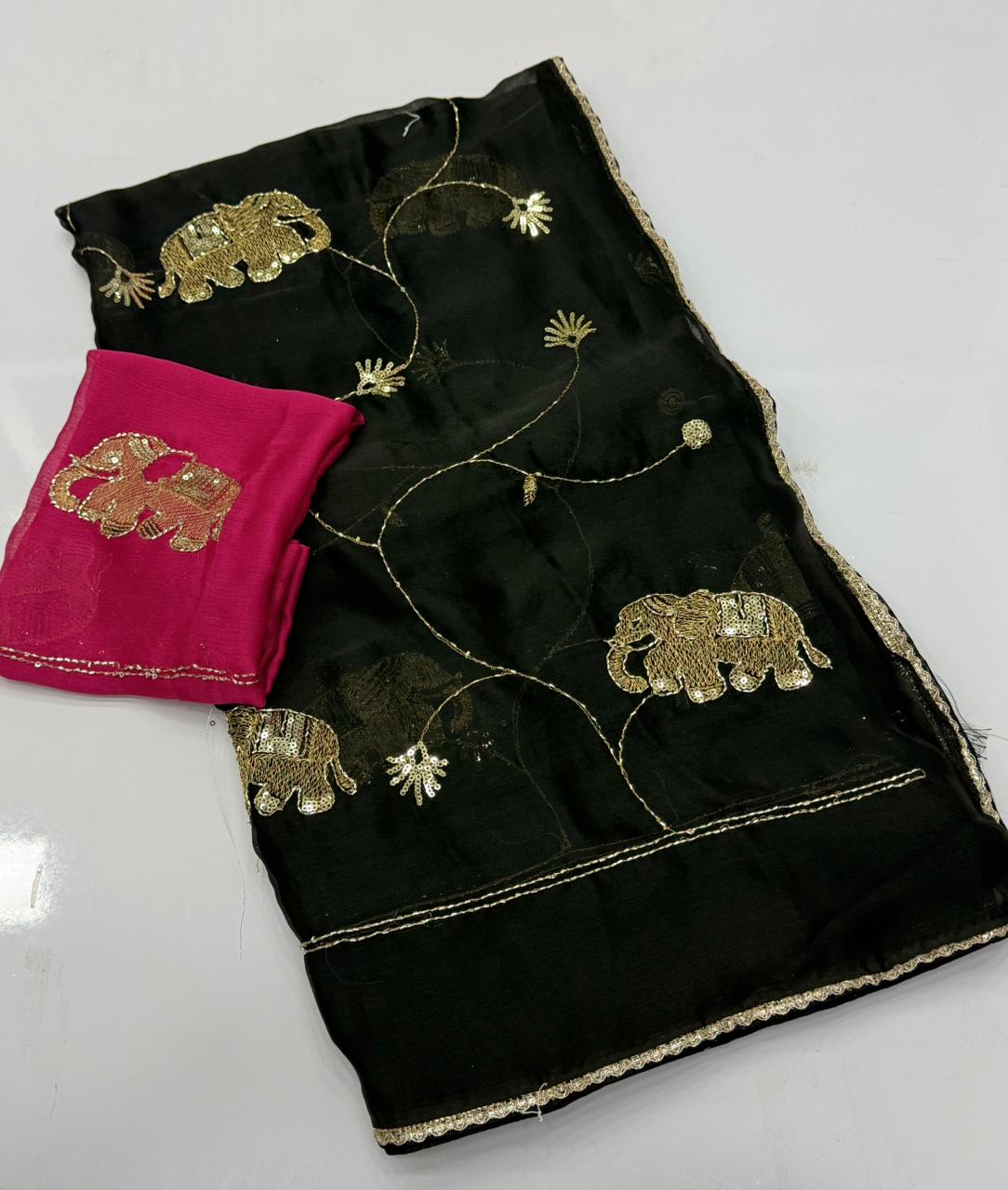 NN-2161 STAR GEORGETTE FABRIC SAREE WITH HANDWORK WITH AND SEQUENCE WORK WITH CUTWORK AND BEAUTIFUL GAJRAJ DESIGN WITH CONTRAST BLOUSE