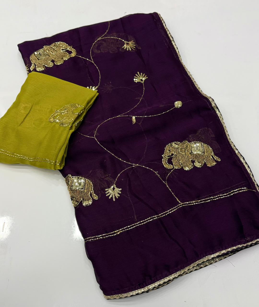 NN-2161 STAR GEORGETTE FABRIC SAREE WITH HANDWORK WITH AND SEQUENCE WORK WITH CUTWORK AND BEAUTIFUL GAJRAJ DESIGN WITH CONTRAST BLOUSE