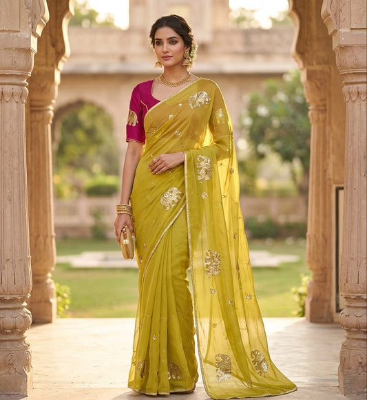 NN-2161 STAR GEORGETTE FABRIC SAREE WITH HANDWORK WITH AND SEQUENCE WORK WITH CUTWORK AND BEAUTIFUL GAJRAJ DESIGN WITH CONTRAST BLOUSE