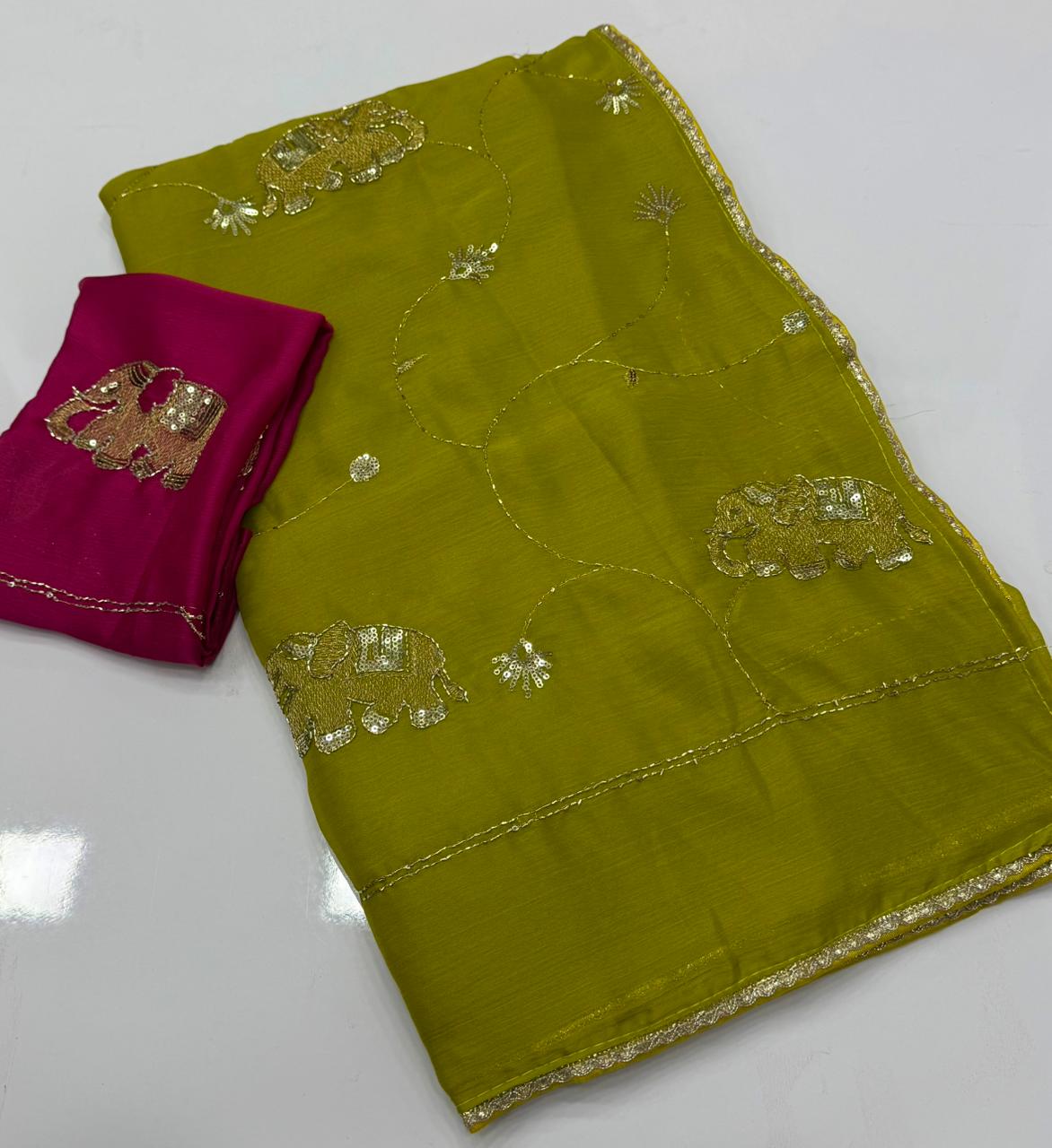 NN-2161 STAR GEORGETTE FABRIC SAREE WITH HANDWORK WITH AND SEQUENCE WORK WITH CUTWORK AND BEAUTIFUL GAJRAJ DESIGN WITH CONTRAST BLOUSE