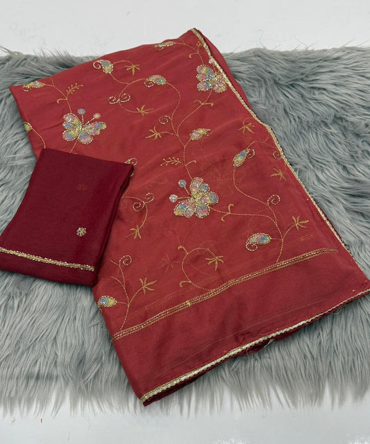 NN-2164 STAR GEORGETTE FABRIC SAREE WITH EMBROIDERY WORK WITH SEQUENCE WORK WITH CUTWORK WITH CONTRAST BLOUSE