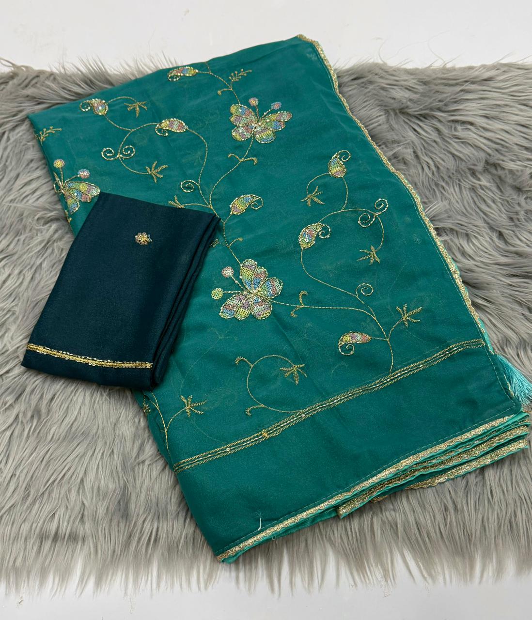 NN-2164 STAR GEORGETTE FABRIC SAREE WITH EMBROIDERY WORK WITH SEQUENCE WORK WITH CUTWORK WITH CONTRAST BLOUSE