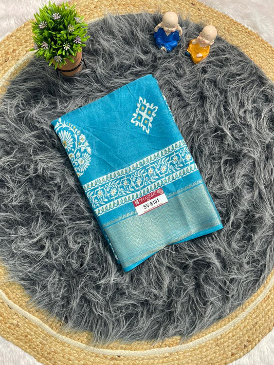 SV-8101 MAL COTTON FABRIC SAREE WITH BEAUTIFUL PALLU WITH BEAUTIFUL DESIGN ON BODY WITH BLOUSE