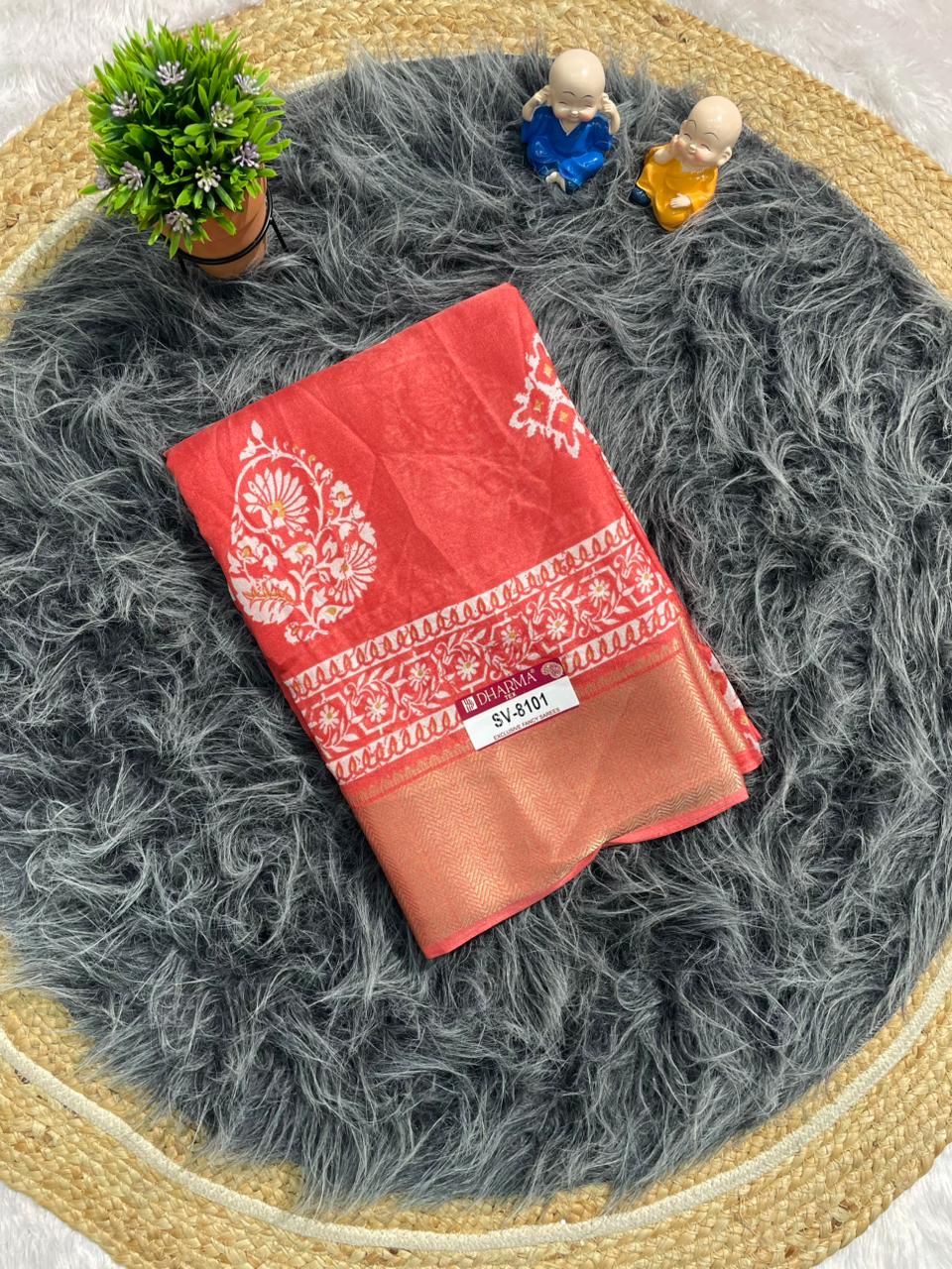 SV-8101 MAL COTTON FABRIC SAREE WITH BEAUTIFUL PALLU WITH BEAUTIFUL DESIGN ON BODY WITH BLOUSE