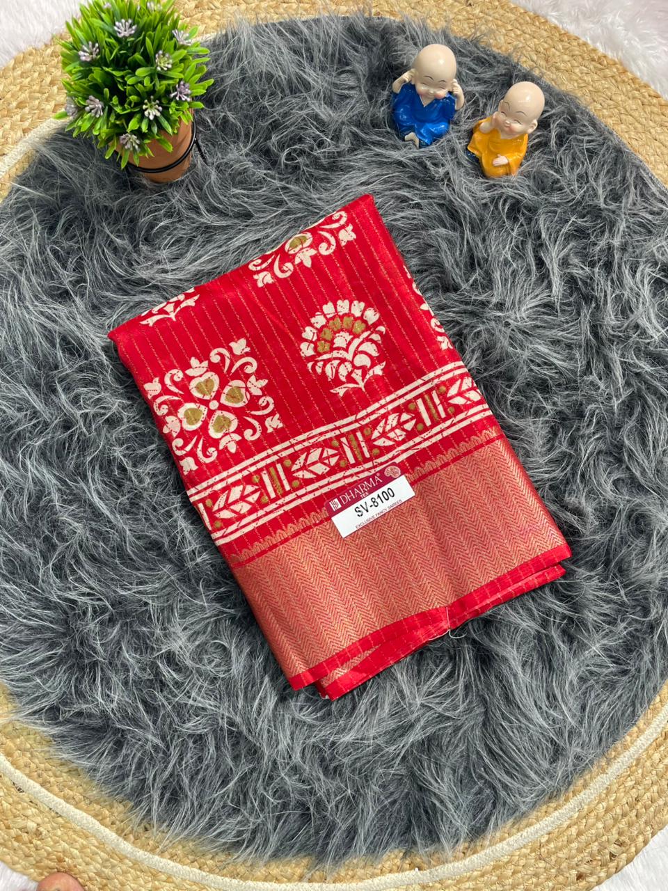 SV-8100 MAL COTTON FABRIC SAREE WITH BEAUTIFUL PALLU WITH BEAUTIFUL DESIGN ON BODY WITH BLOUSE