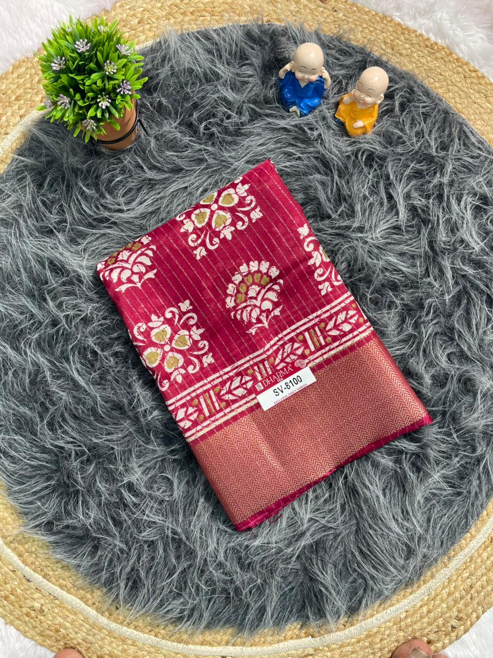 SV-8100 MAL COTTON FABRIC SAREE WITH BEAUTIFUL PALLU WITH BEAUTIFUL DESIGN ON BODY WITH BLOUSE