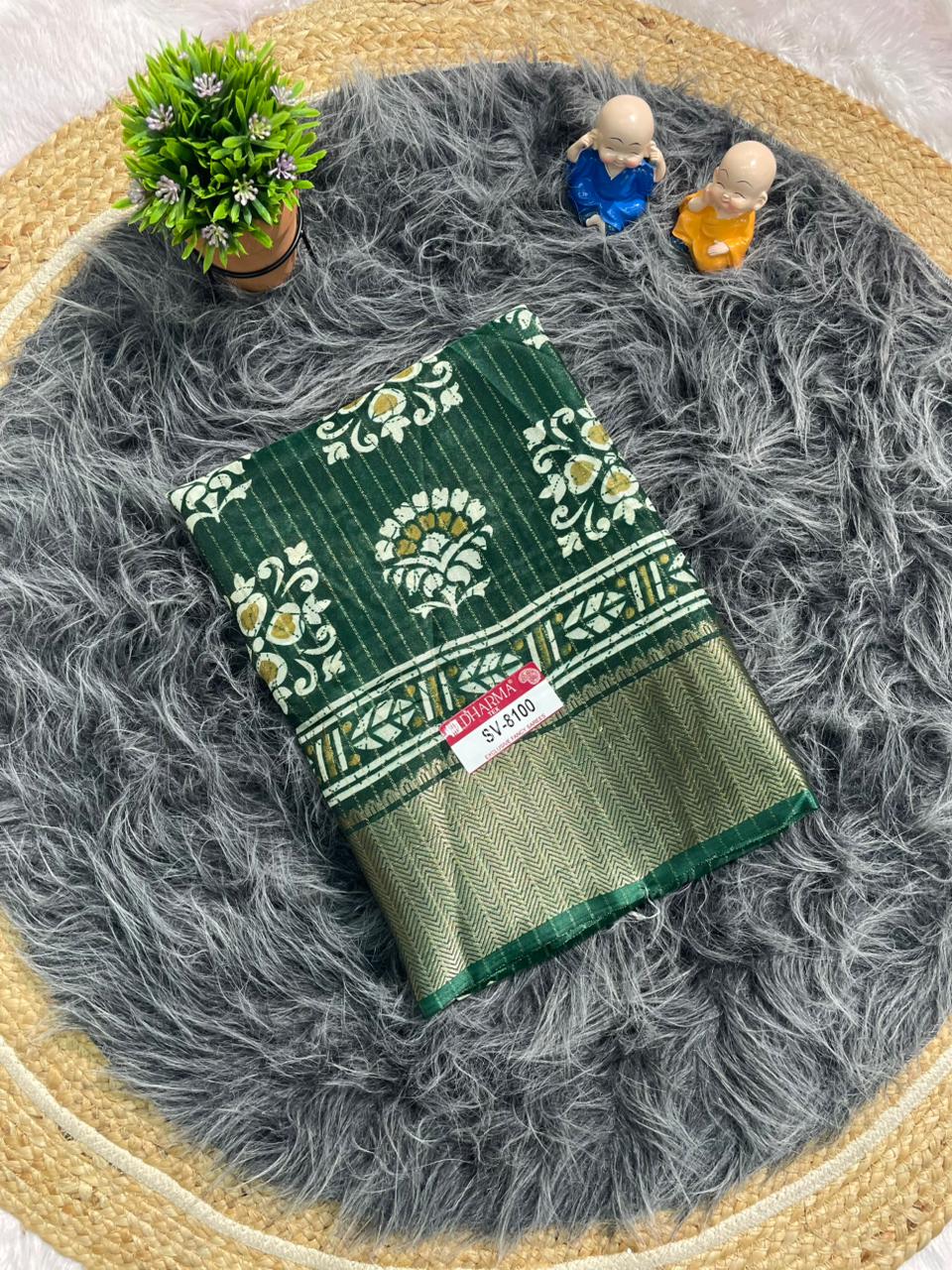 SV-8100 MAL COTTON FABRIC SAREE WITH BEAUTIFUL PALLU WITH BEAUTIFUL DESIGN ON BODY WITH BLOUSE