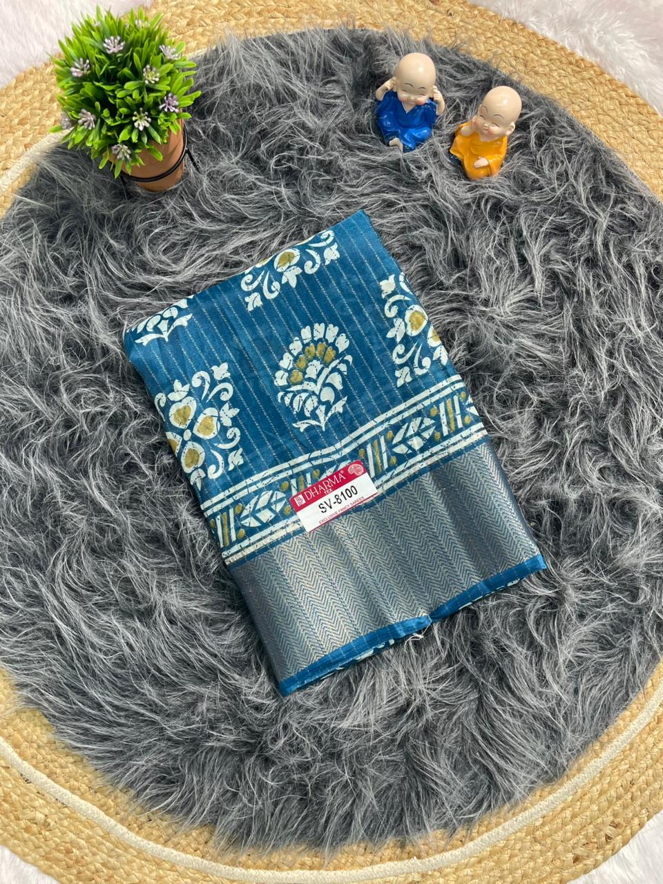 SV-8100 MAL COTTON FABRIC SAREE WITH BEAUTIFUL PALLU WITH BEAUTIFUL DESIGN ON BODY WITH BLOUSE