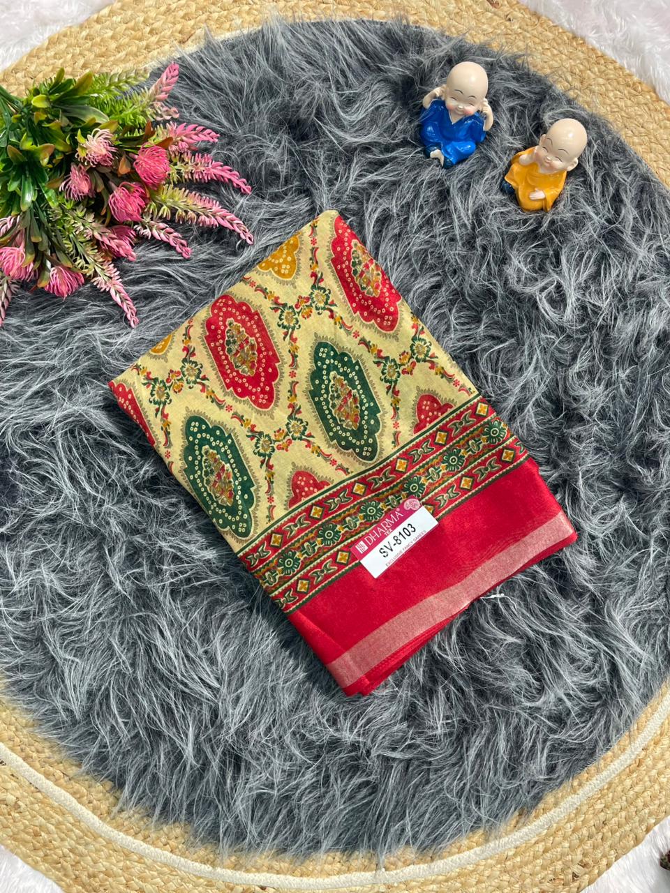 SV-8103  MAL COTTON FABRIC SAREE WITH BEAUTIFUL PALLU WITH BEAUTIFUL DESIGN ON BODY WITH BLOUSE