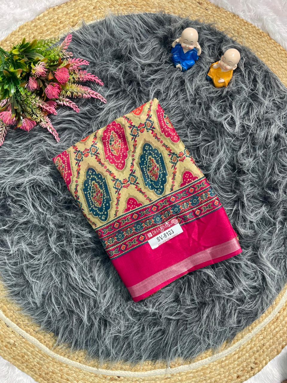 SV-8103  MAL COTTON FABRIC SAREE WITH BEAUTIFUL PALLU WITH BEAUTIFUL DESIGN ON BODY WITH BLOUSE