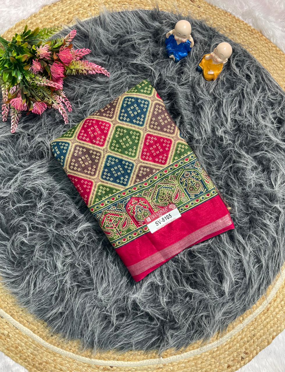 SV-8105  MAL COTTON FABRIC SAREE WITH BEAUTIFUL PALLU WITH BEAUTIFUL DESIGN ON BODY WITH BLOUSE