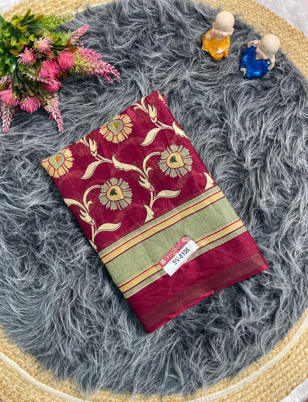 SV-8106  MAL COTTON FABRIC SAREE WITH BEAUTIFUL PALLU WITH JHAL DESIGN ON BODY WITH BLOUSE