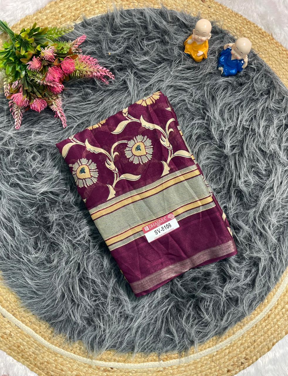 SV-8106  MAL COTTON FABRIC SAREE WITH BEAUTIFUL PALLU WITH JHAL DESIGN ON BODY WITH BLOUSE