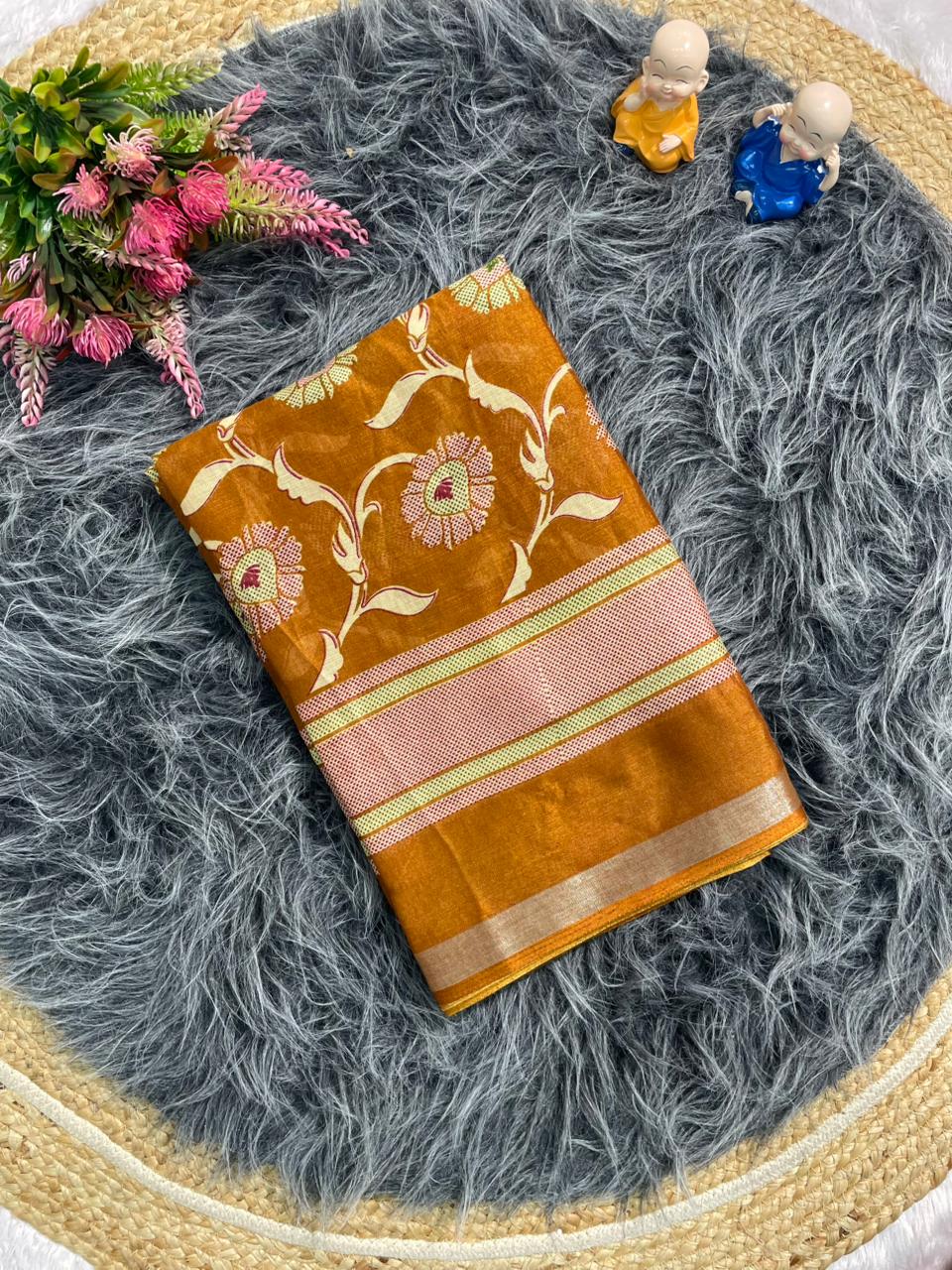 SV-8106  MAL COTTON FABRIC SAREE WITH BEAUTIFUL PALLU WITH JHAL DESIGN ON BODY WITH BLOUSE