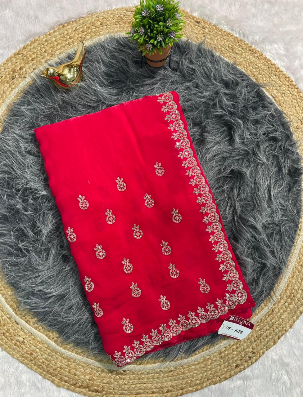 DF-5022 FENDI SATIN FABRIC SAREE WITH HEAVY JARKAN WORK WITH BEAUTIFUL DESIGN WITH FIRMA BLOUSE