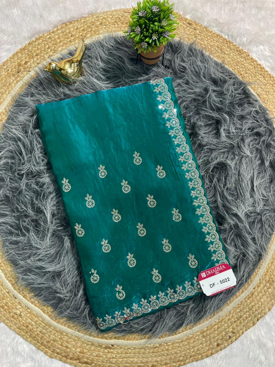 DF-5022 FENDI SATIN FABRIC SAREE WITH HEAVY JARKAN WORK WITH BEAUTIFUL DESIGN WITH FIRMA BLOUSE