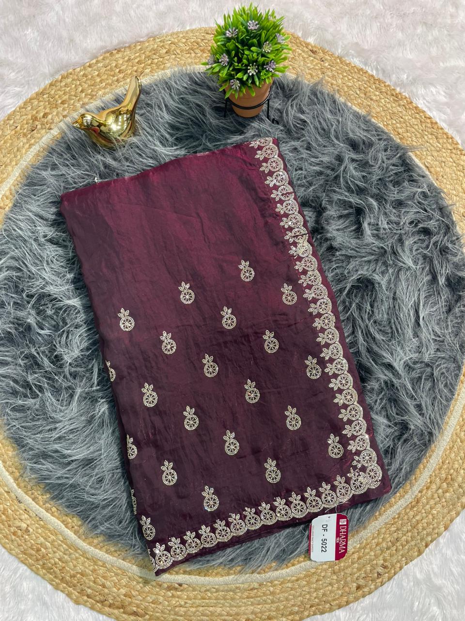 DF-5022 FENDI SATIN FABRIC SAREE WITH HEAVY JARKAN WORK WITH BEAUTIFUL DESIGN WITH FIRMA BLOUSE