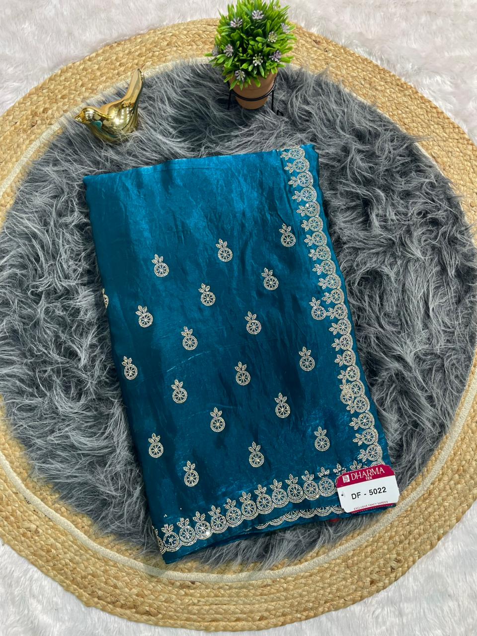DF-5022 FENDI SATIN FABRIC SAREE WITH HEAVY JARKAN WORK WITH BEAUTIFUL DESIGN WITH FIRMA BLOUSE