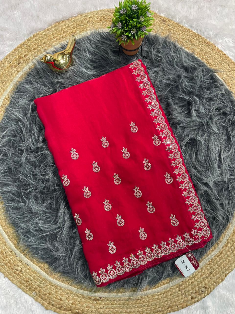DF-5022 FENDI SATIN FABRIC SAREE WITH HEAVY JARKAN WORK WITH BEAUTIFUL DESIGN WITH FIRMA BLOUSE