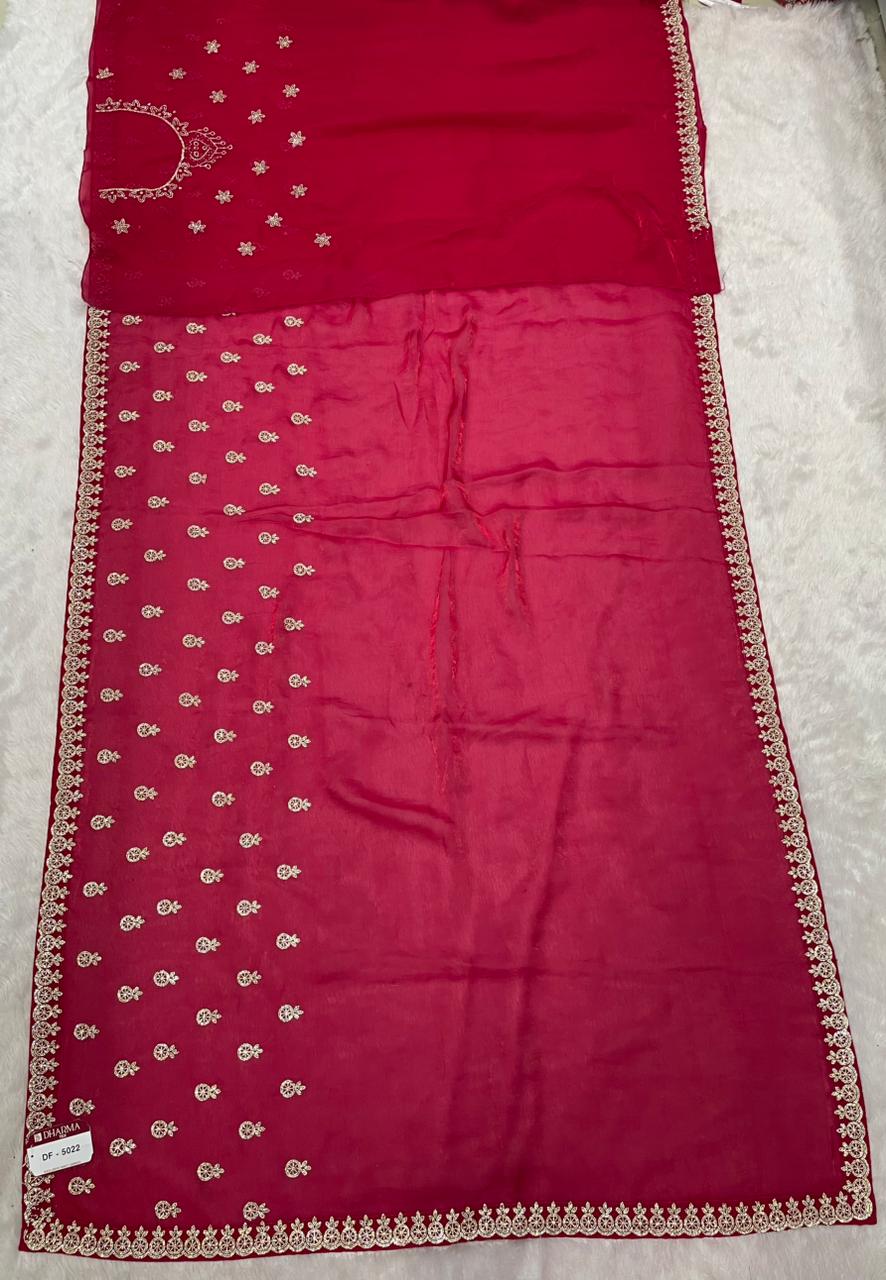 DF-5022 FENDI SATIN FABRIC SAREE WITH HEAVY JARKAN WORK WITH BEAUTIFUL DESIGN WITH FIRMA BLOUSE