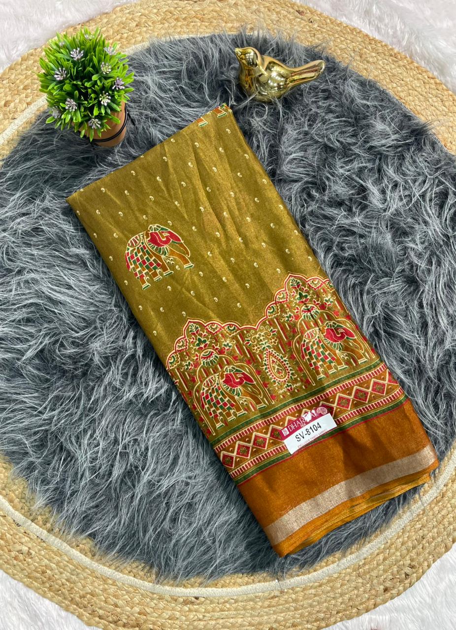SV-8104 MAL COTTON FABRIC SAREE WITH BEAUTIFUL PALLU WITH GAJRAJ DESIGN ON BODY WITH BLOUSE