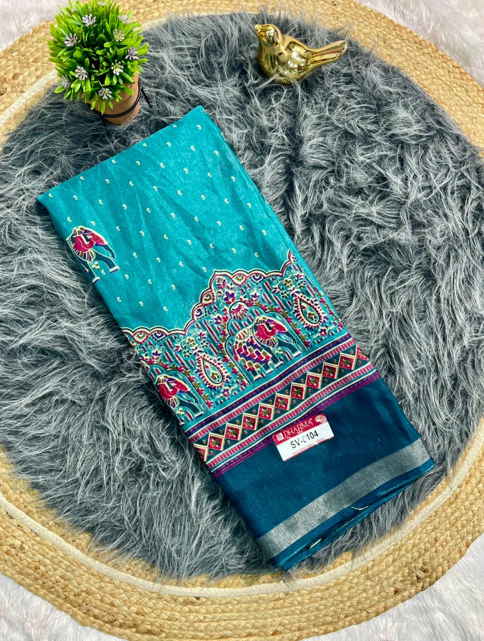 SV-8104 MAL COTTON FABRIC SAREE WITH BEAUTIFUL PALLU WITH GAJRAJ DESIGN ON BODY WITH BLOUSE