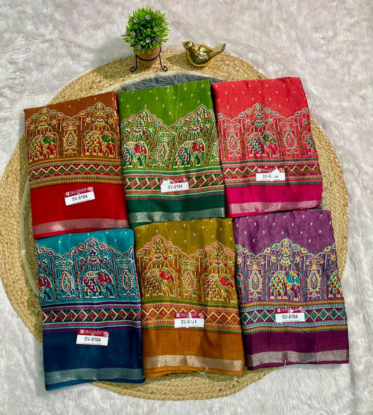 SV-8104 MAL COTTON FABRIC SAREE WITH BEAUTIFUL PALLU WITH GAJRAJ DESIGN ON BODY WITH BLOUSE