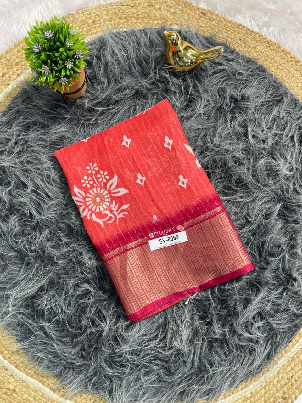 SV-8099 DOLA RIKO FABRIC SAREE WITH BEUATIFUL DESIGN WITH RICH PALLU WITH JACUARD BORDER AND BLOUSE