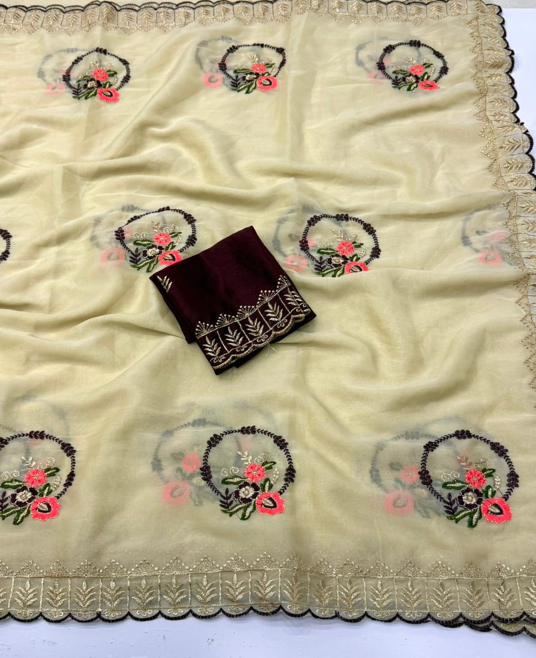 NN-2156 STAR GEORGETTE FABRIC SAREE WITH BEAUTIFUL DESIGN WITH EMBROIDERY WORK WITH CUTWORK BORDER WITH CONTRAST BLOUSE