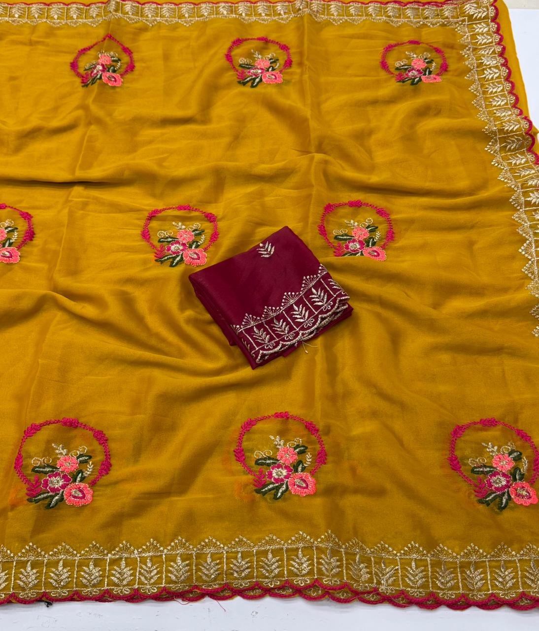 NN-2156 STAR GEORGETTE FABRIC SAREE WITH BEAUTIFUL DESIGN WITH EMBROIDERY WORK WITH CUTWORK BORDER WITH CONTRAST BLOUSE