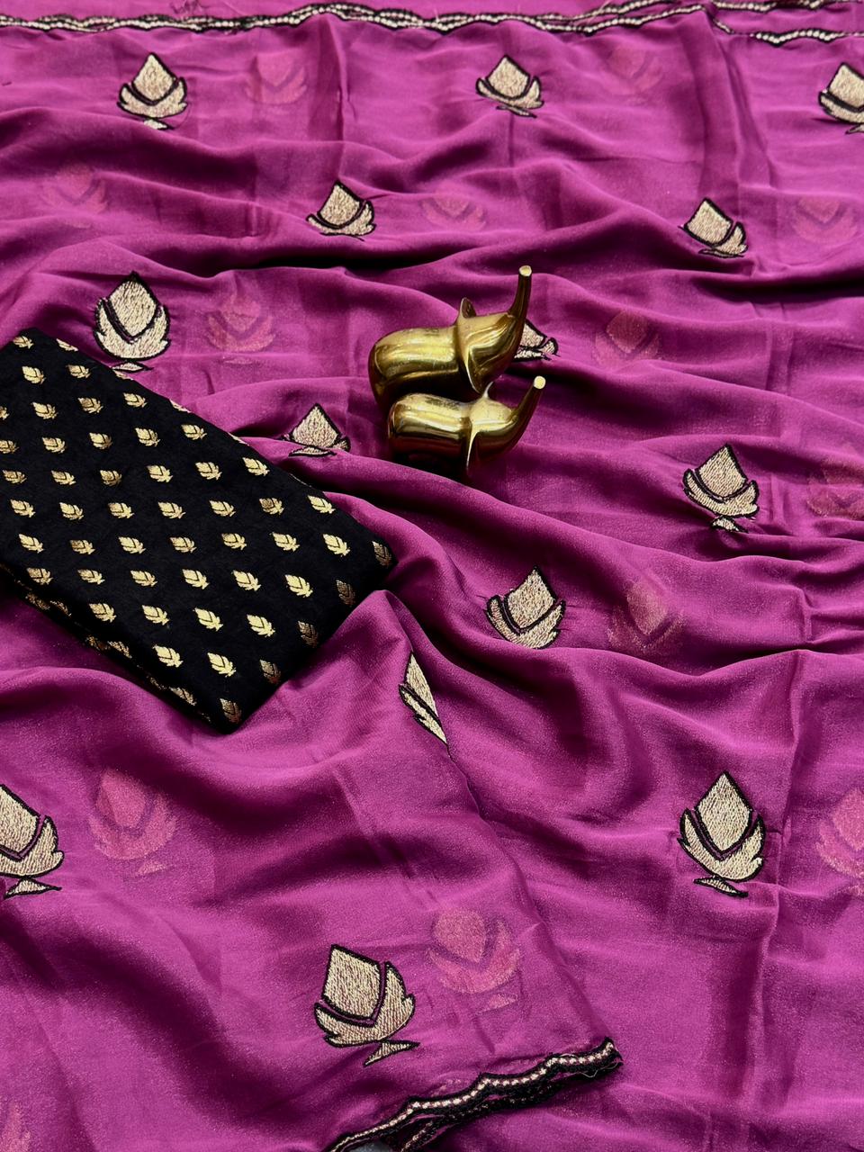 NN-2157 STAR GEORGETTE FABRIC SAREE WITH EMBROIDEY WORK WITH BEAUTIFUL DESIGN WITH CUTWORK BORDER WITH CONTRAST BUTTI BLOUSE